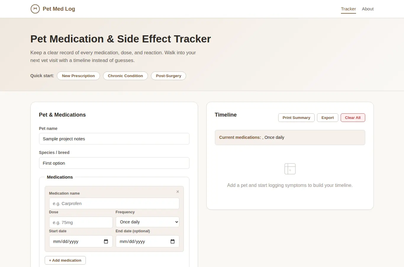Screenshot of Pet Medication Side Effect Log interface showing the project page in use